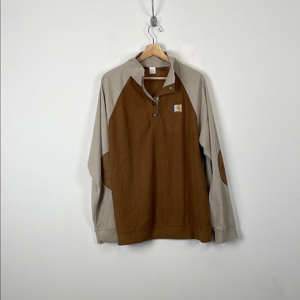 Hengsheng Jeans Carhartt  Logo Men's XL Brown Corduroy Long Sleeve 1/4 Button